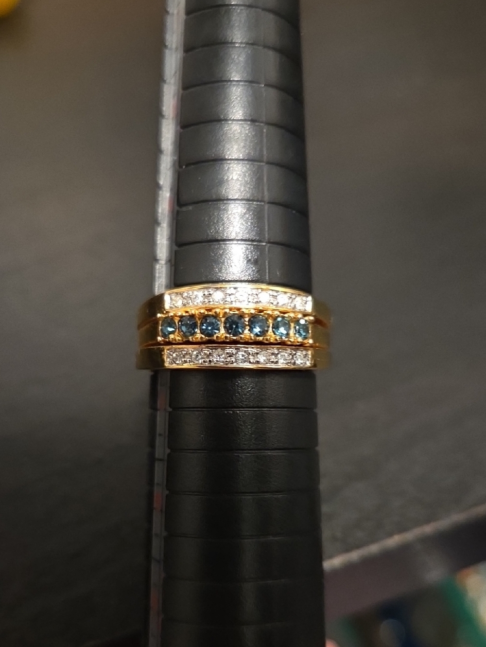 Vintage Gold Band Ring with Blue Stones and Pavé Accents